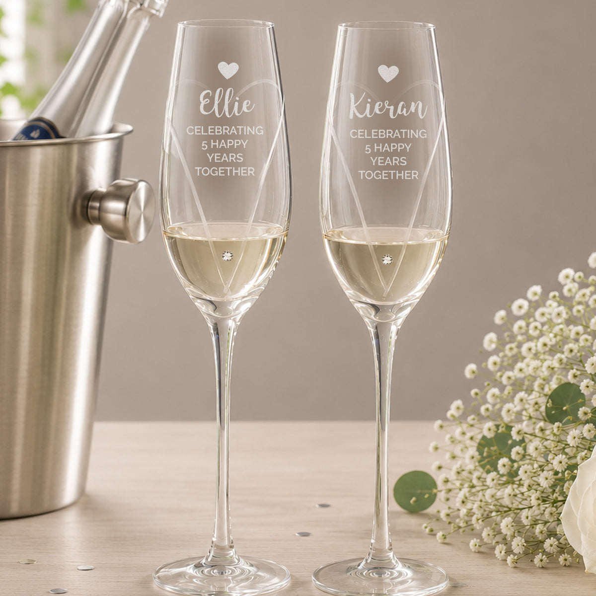 Personalised Hand Cut Heart Celebration Pair of Flutes with Gift Box