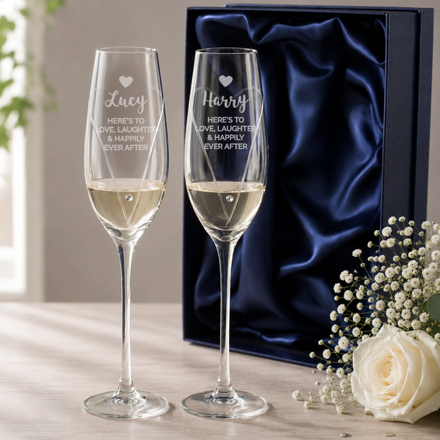 Personalised Hand Cut Heart Celebration Pair of Flutes with Gift Box