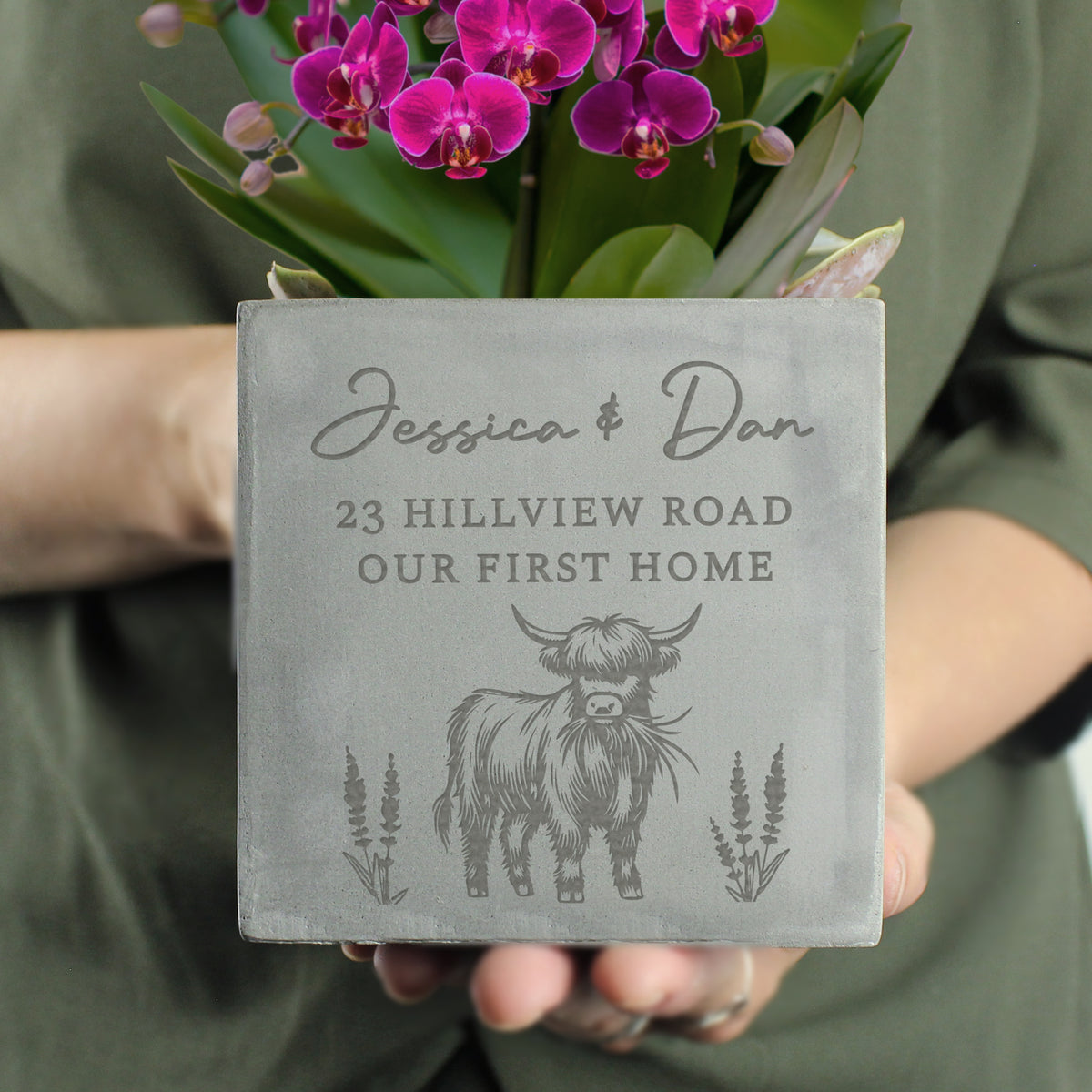 Personalised Highland Cow Concrete Plant Pot