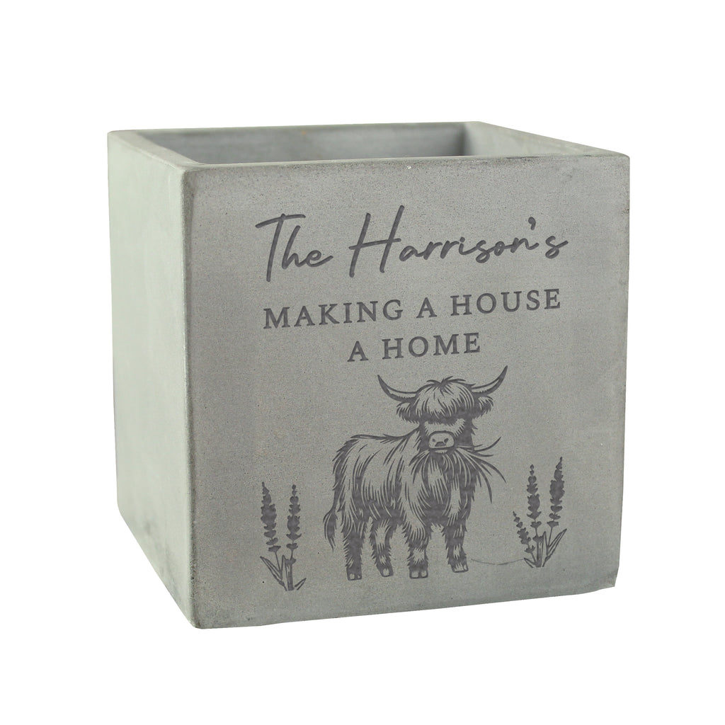 Personalised Highland Cow Concrete Plant Pot