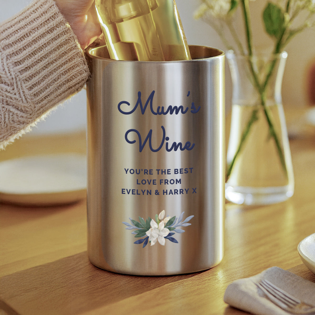 Personalised Blue Floral Wine Cooler