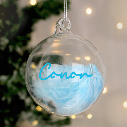 Personalised Blue Feather Bauble