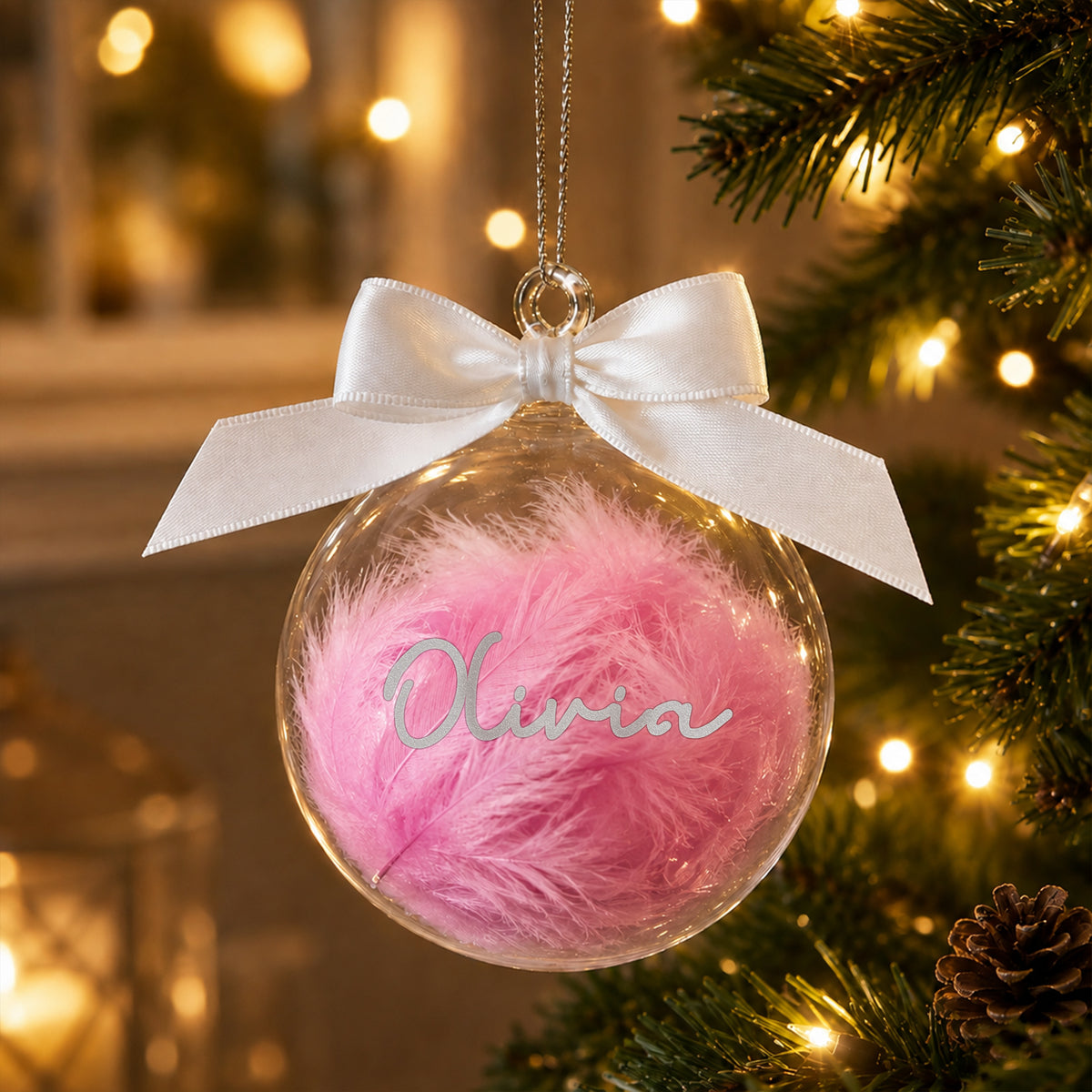 Personalised Pink Feather Name Glass Bauble With Ribbon