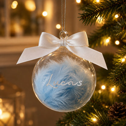Personalised Blue Feather Name Glass Bauble With Ribbon