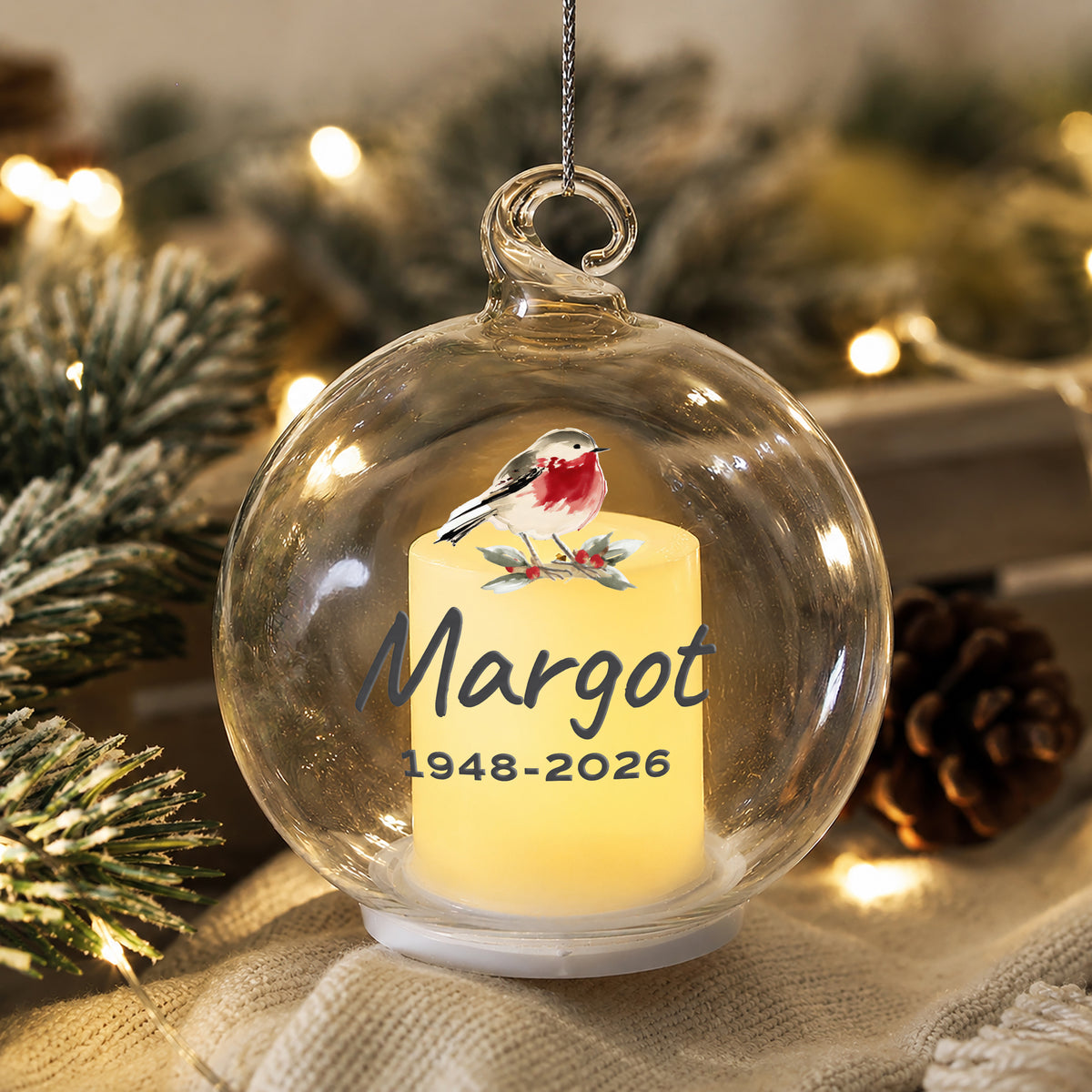 Personalised Robin Memorial LED Candle Bauble