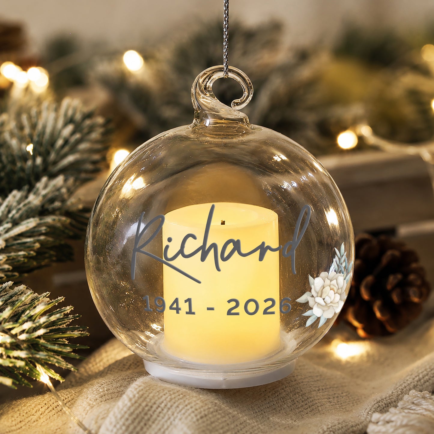 Personalised Floral Memorial LED Candle Bauble