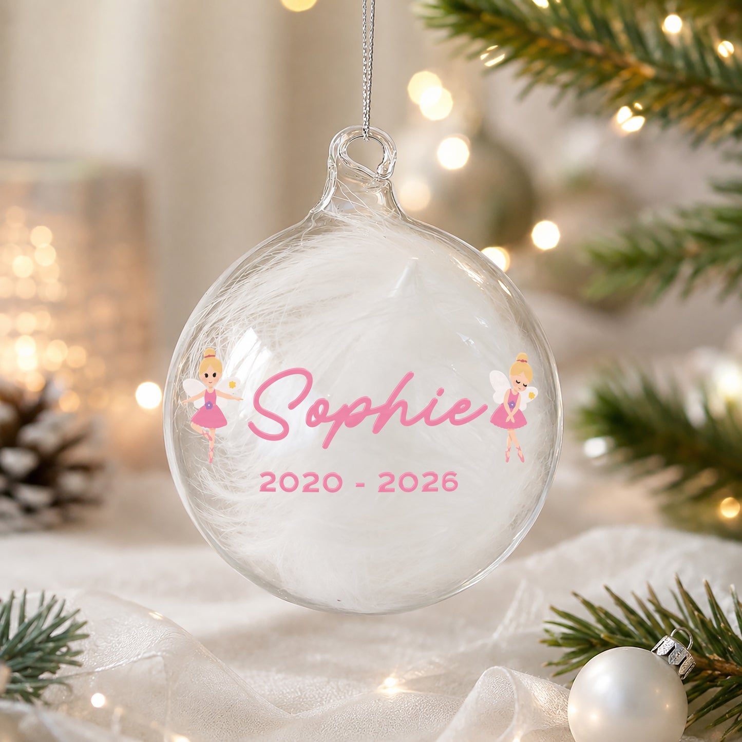 Personalised Fairy White Feather Bauble