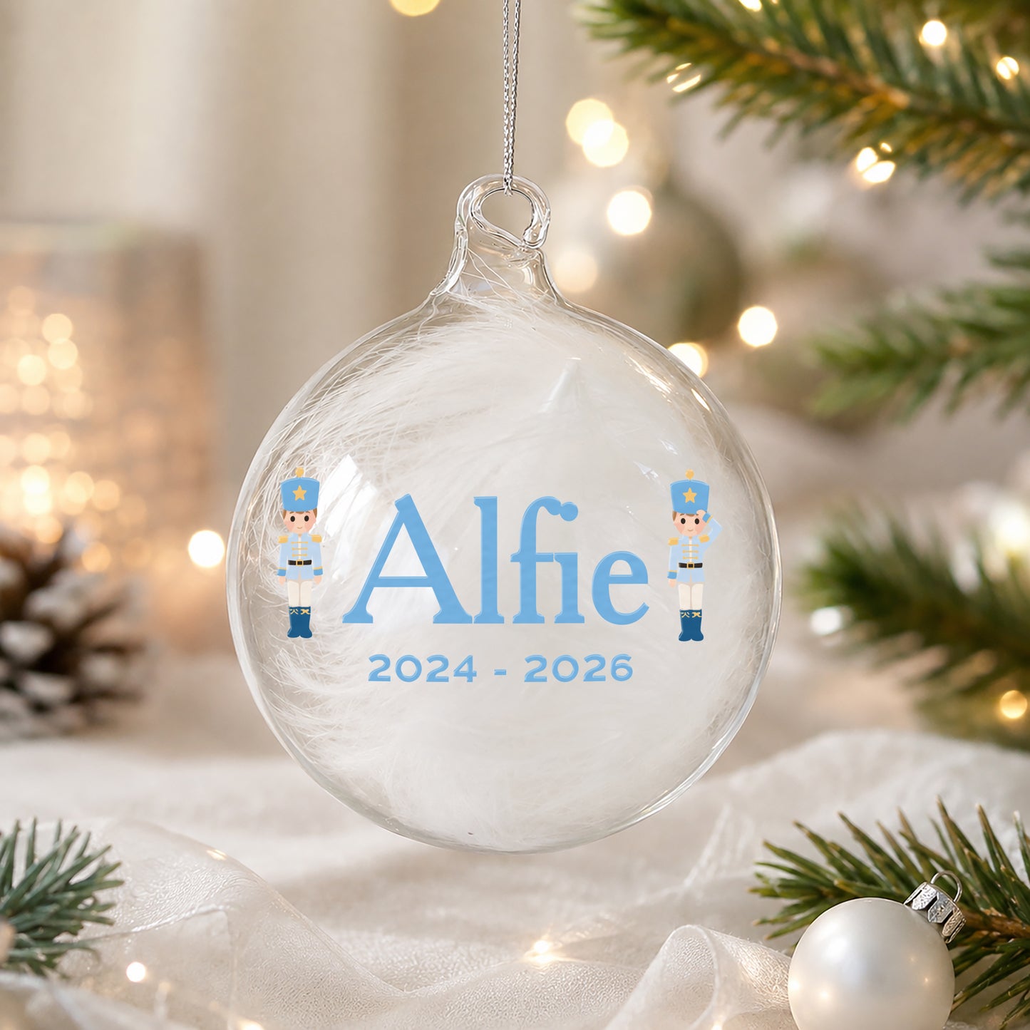 Personalised Nutcracker Characters White Feather Bauble