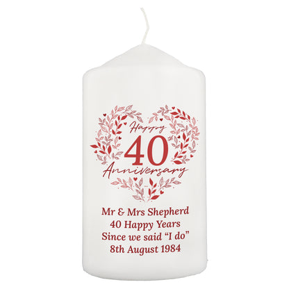 Personalised 40th Ruby Wedding Anniversary Pillar Candle