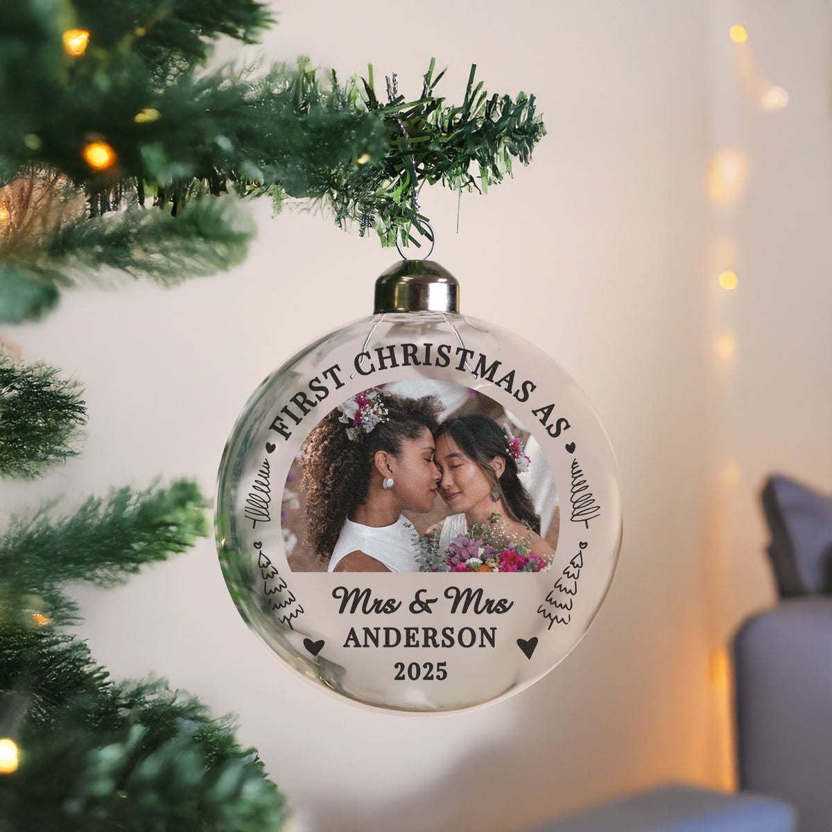 Personalised First Married Christmas Photo Upload Glass Bauble
