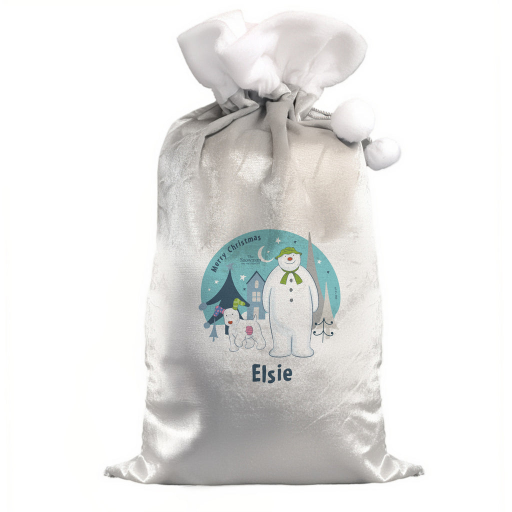 Personalised The Snowman and the Snowdog Luxury Silver Grey Pom Pom Sack