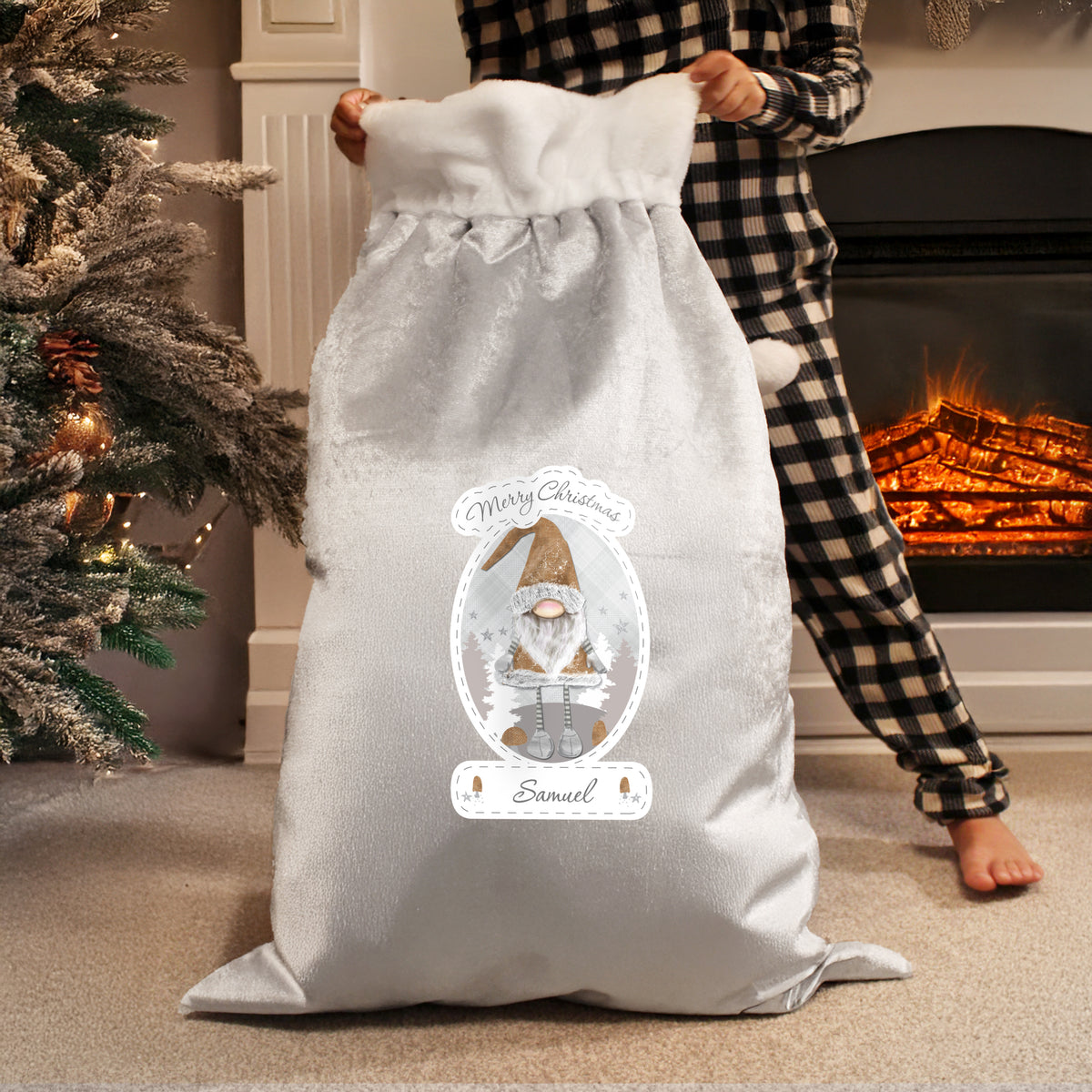 Personalised Christmas Gonk Luxury Silver Grey Pom Pom Sack
