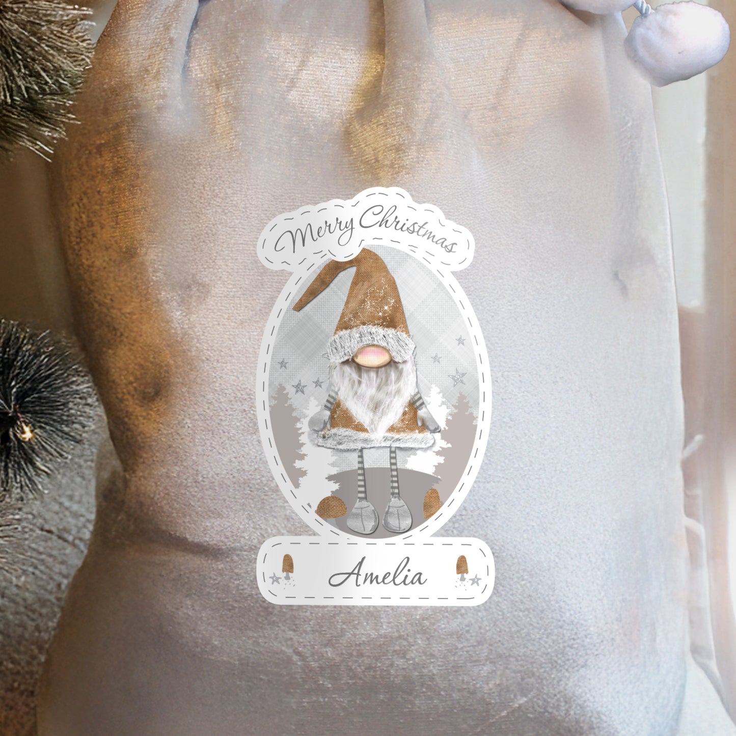 Personalised Christmas Gonk Luxury Silver Grey Pom Pom Sack