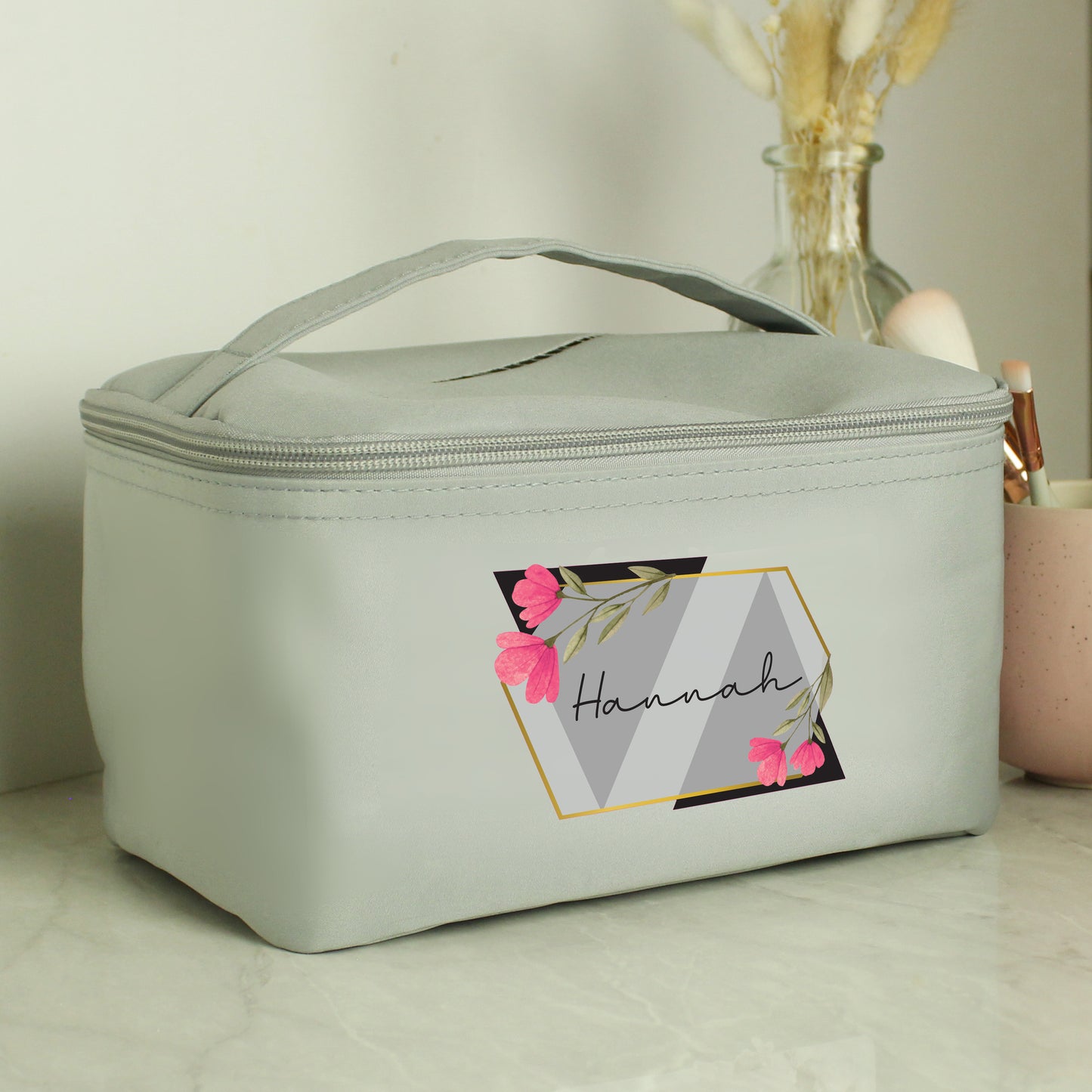 Personalised Geometric Floral Grey Toiletry Bag