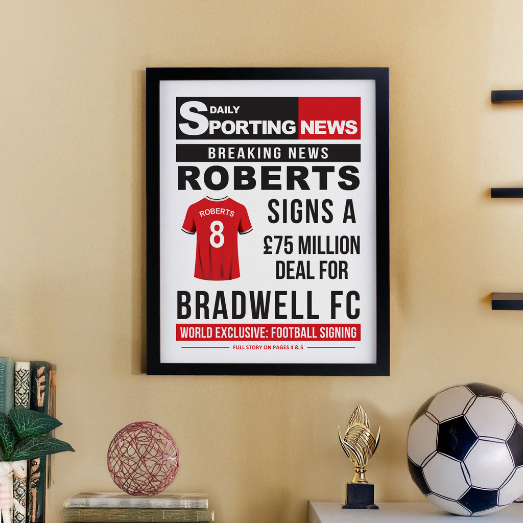 Personalised Football News Black Poster Frame
