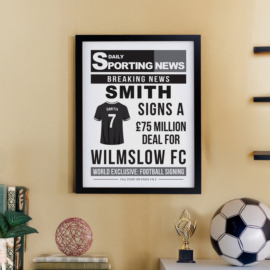 Personalised Football News Black Poster Frame