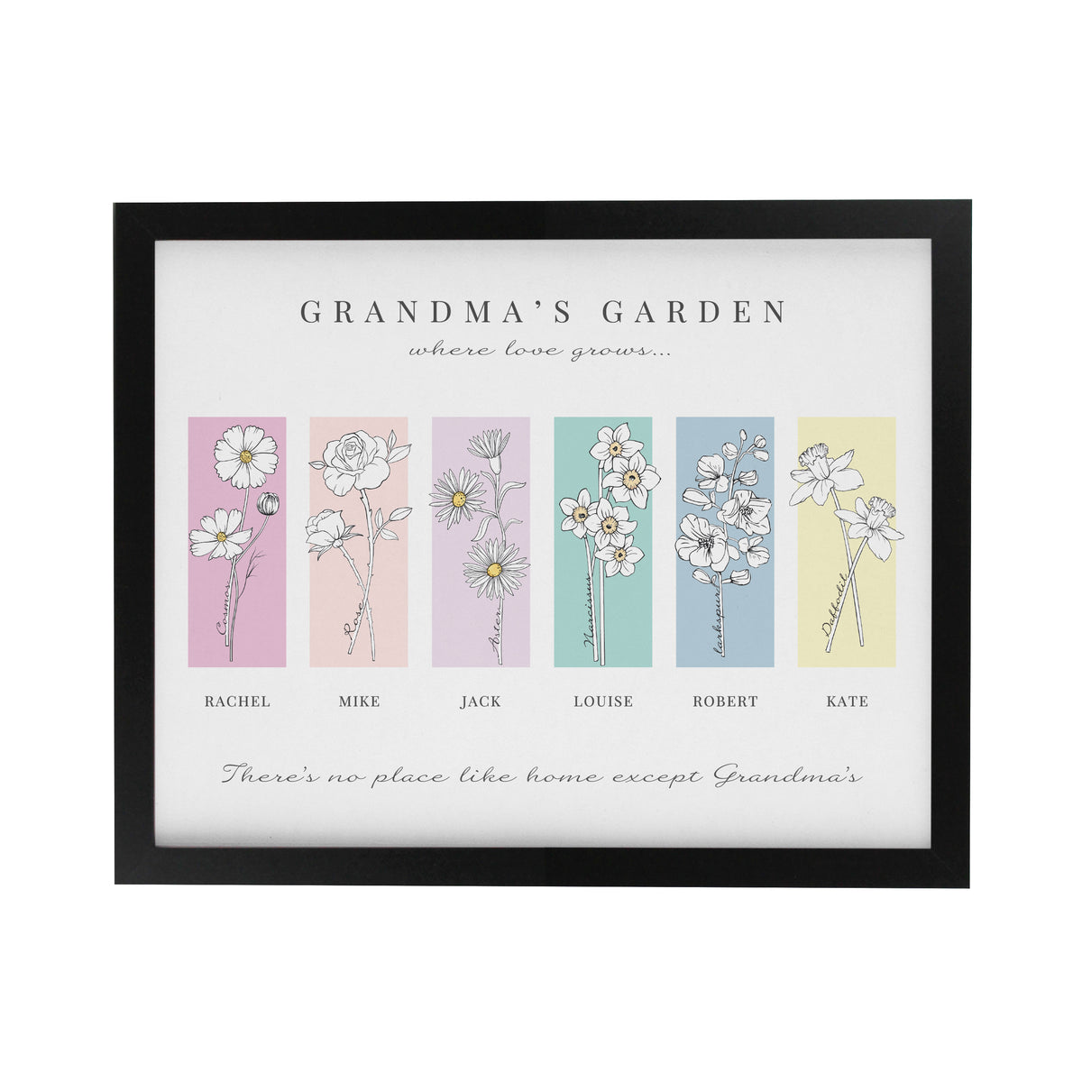 Personalised Birth Flower Family of 6 Black Framed Print