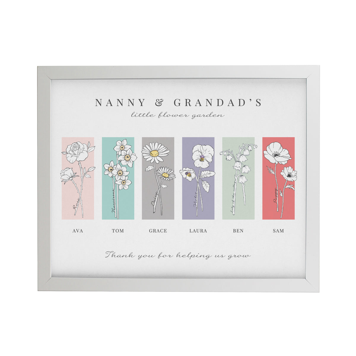 Personalised Birth Flower Family of 6 White Framed Print