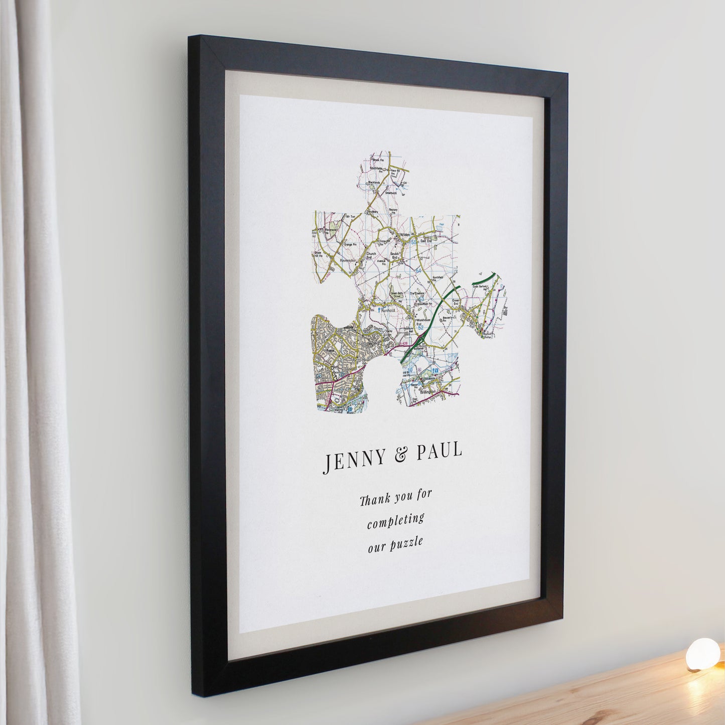 Personalised Present Day Map Puzzle Piece Black Poster Frame