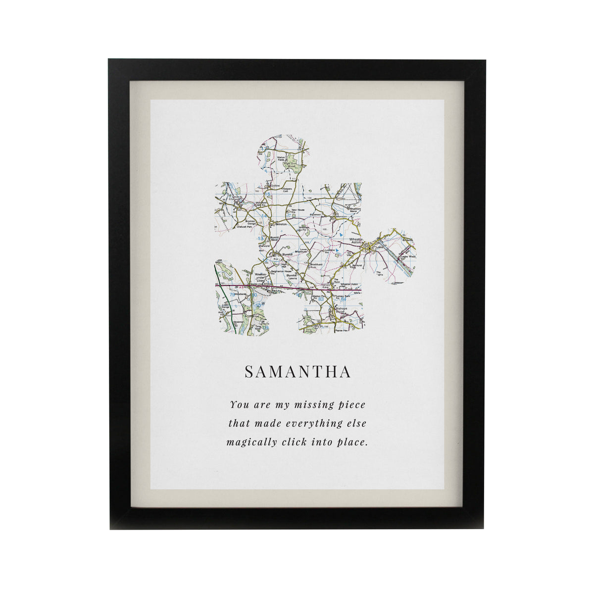 Personalised Present Day Map Puzzle Piece Black Poster Frame