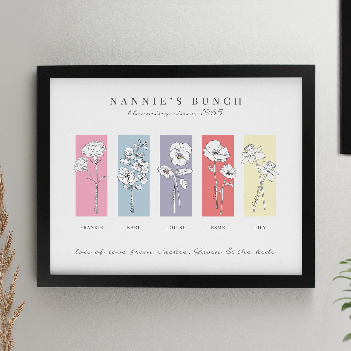 Personalised Birth Flower Family of 5 Black Framed Print