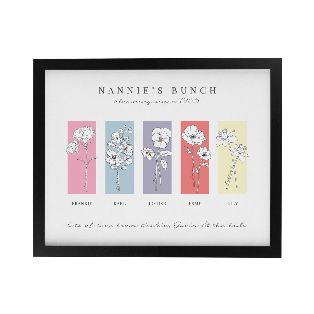 Personalised Birth Flower Family of 5 Black Framed Print