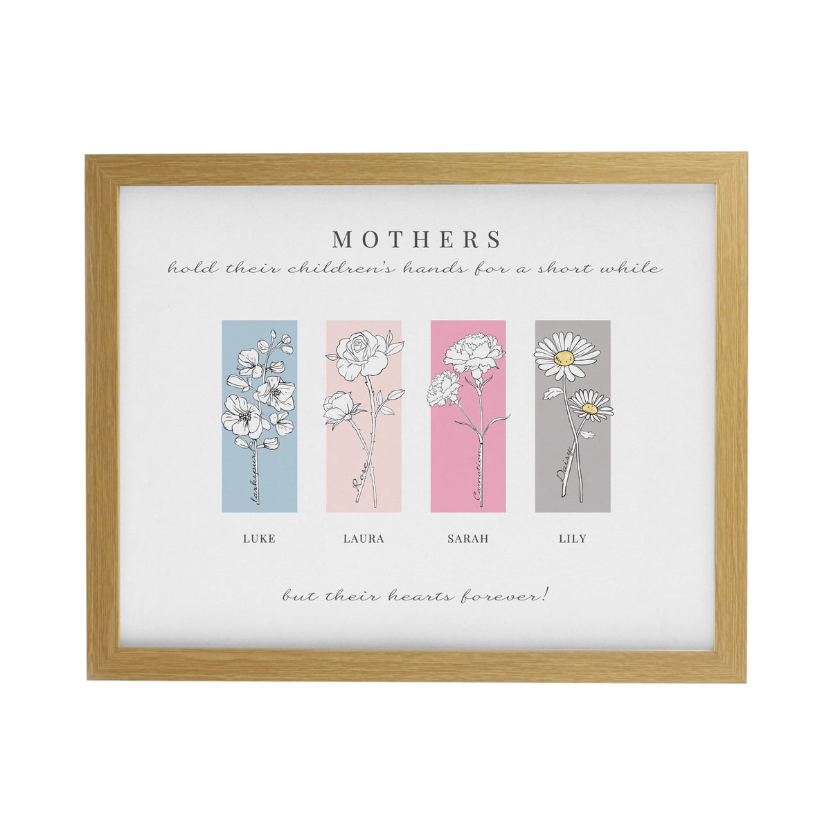 Personalised Birth Flower Family of 3 Oak Framed Print