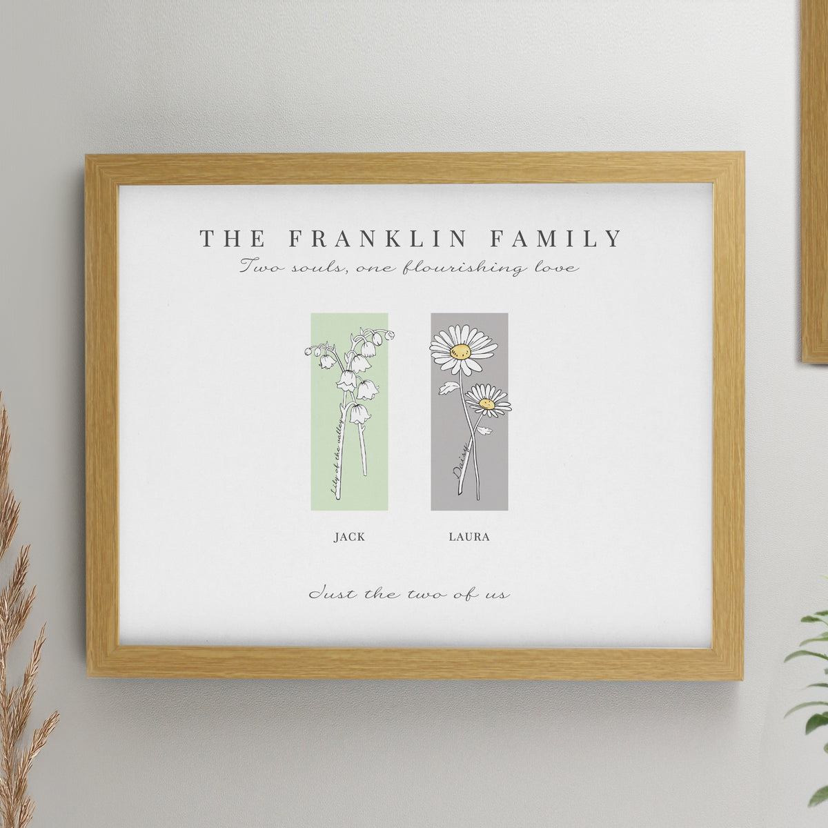 Personalised Birth Flower Family of 2 Oak Framed Print
