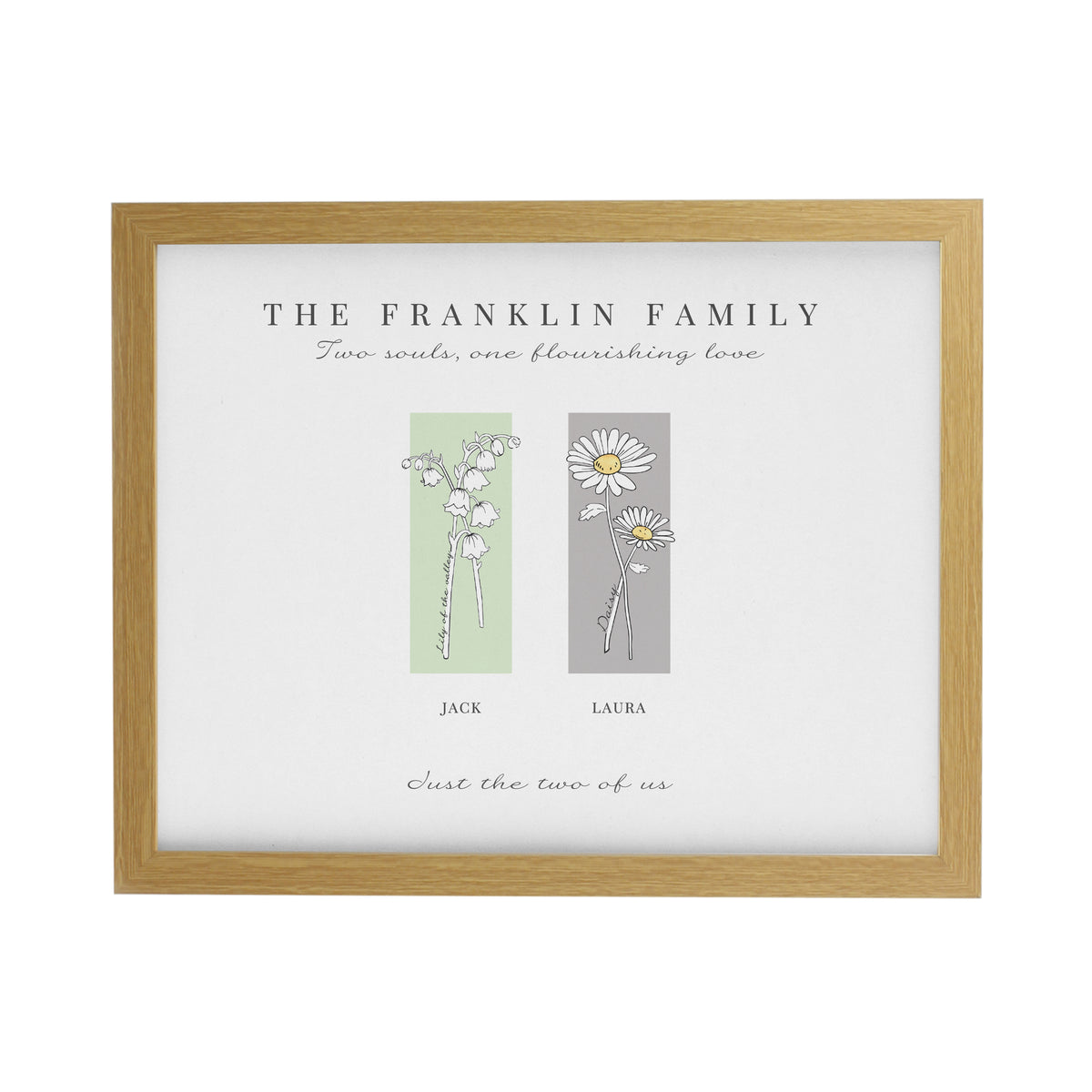 Personalised Birth Flower Family of 2 Oak Framed Print