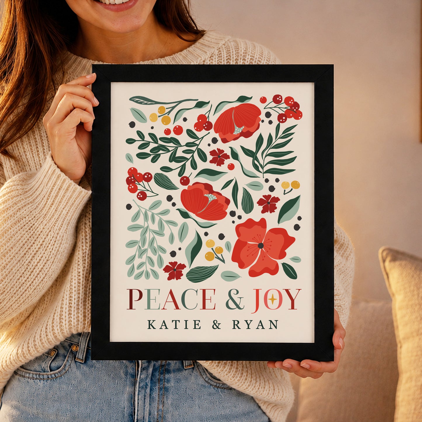 Personalised Poinsettia Black Poster Framed Print