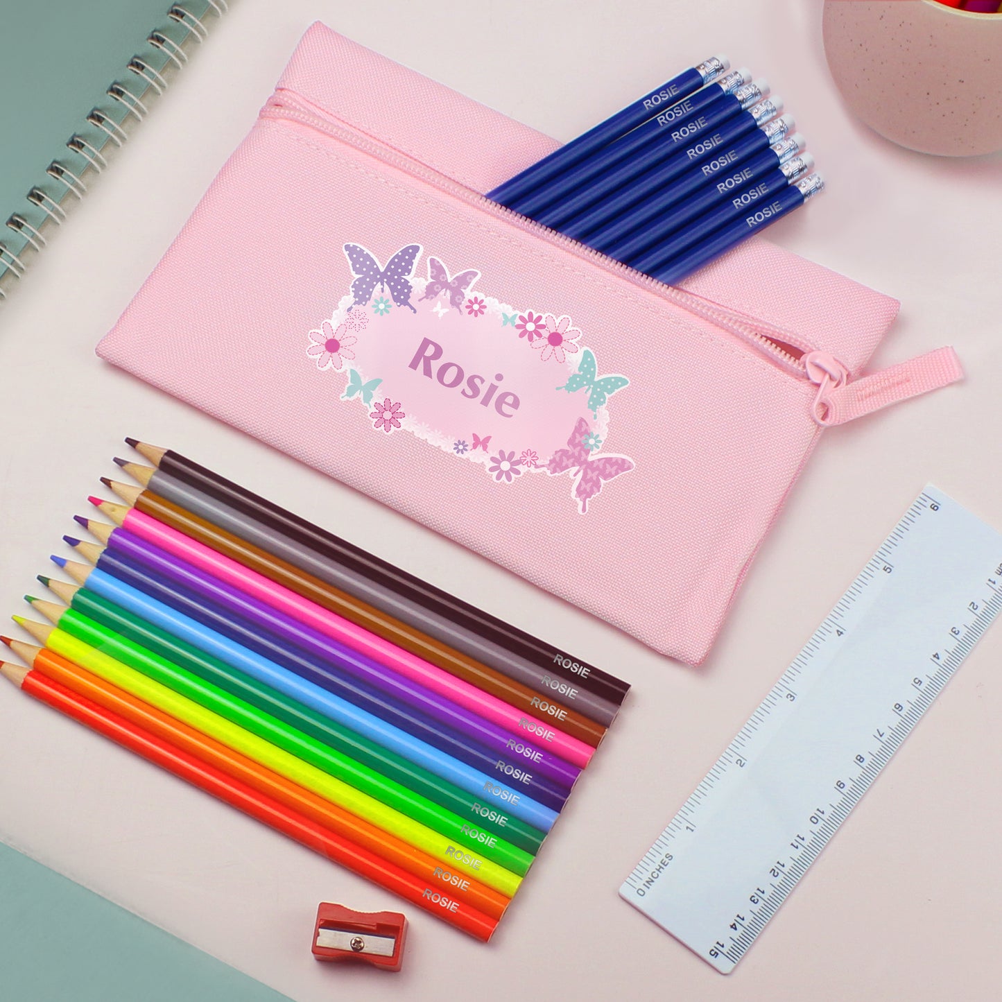 Pink Butterfly Pencil Case with Personalised Pencils & Crayons