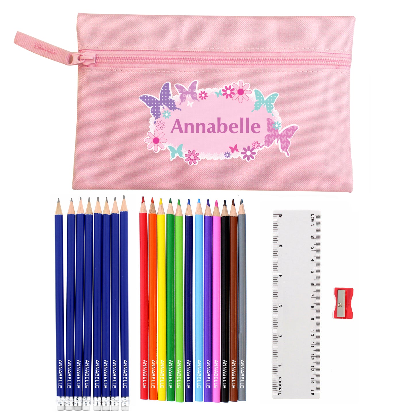 Pink Butterfly Pencil Case with Personalised Pencils & Crayons
