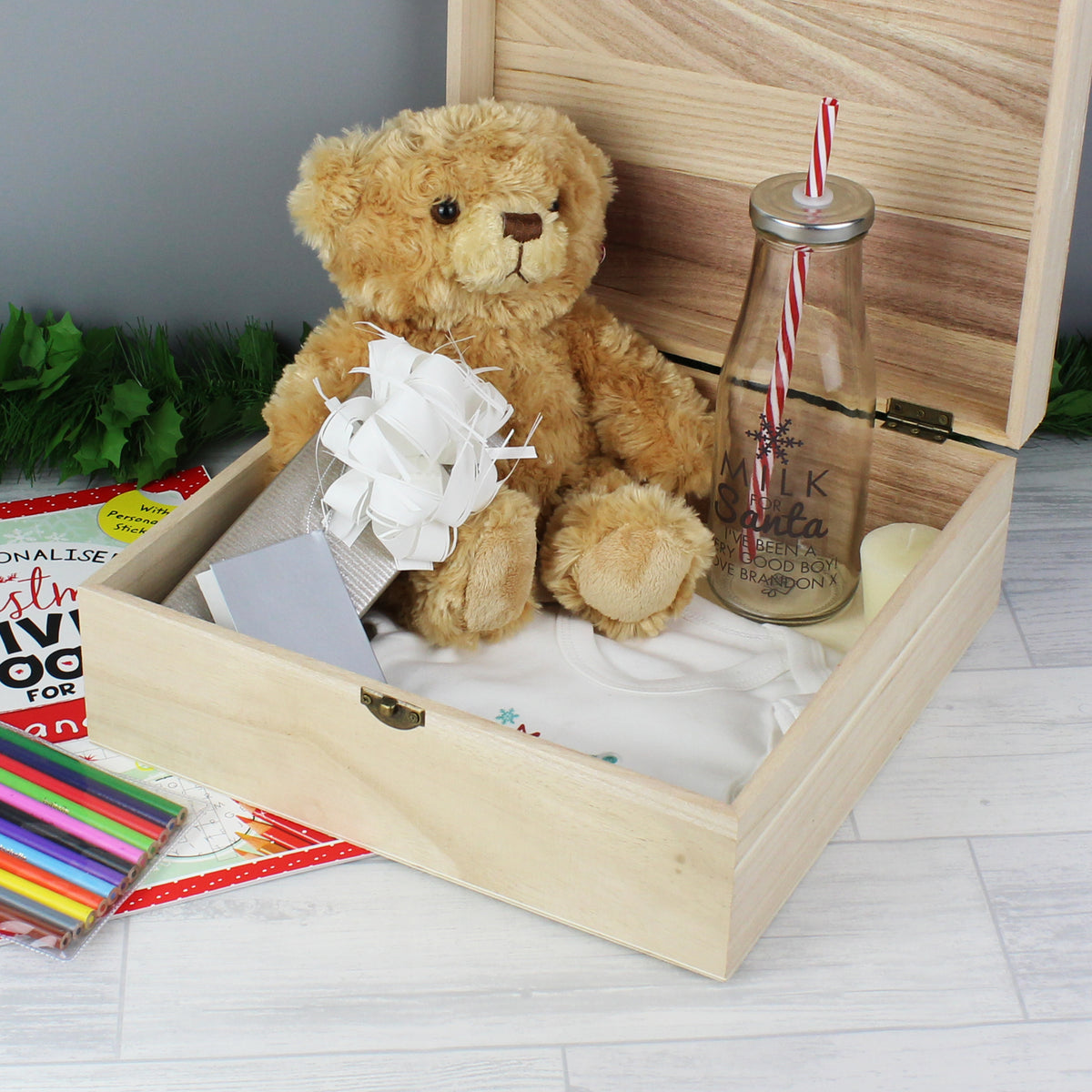 Personalised Colourful Santa Large Wooden Christmas Eve Box