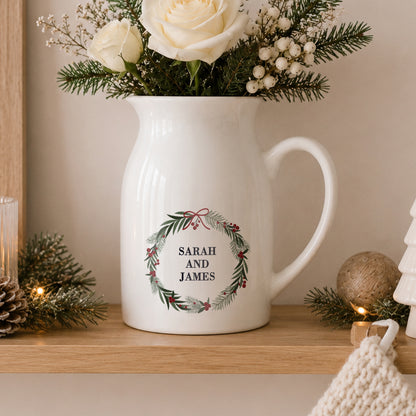 Personalised Green Christmas Wreath Ceramic Jug Vase