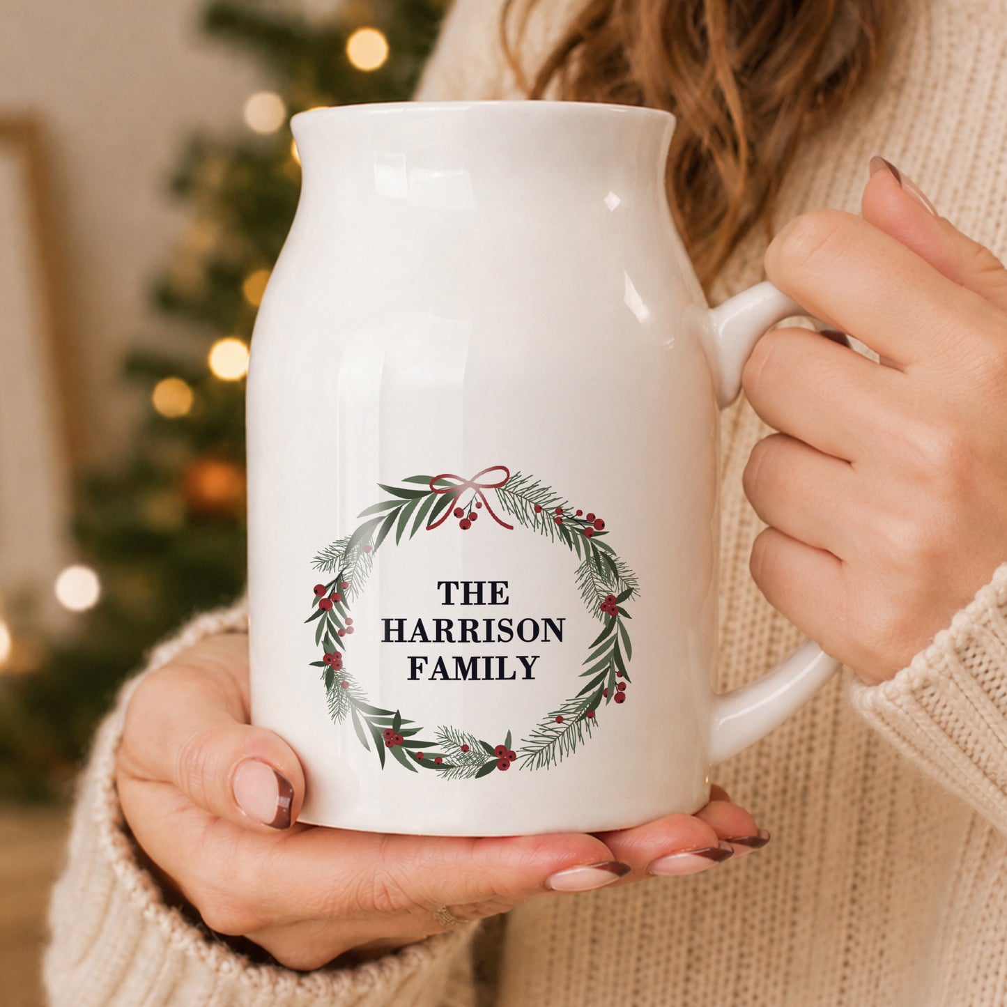 Personalised Green Christmas Wreath Ceramic Jug Vase