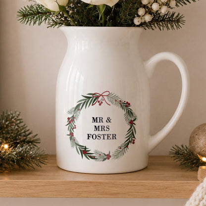 Personalised Green Christmas Wreath Ceramic Jug Vase