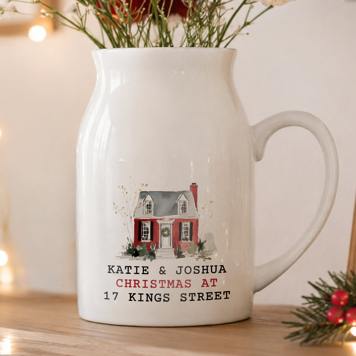 Personalised Water Colour Christmas House Ceramic Jug Vase