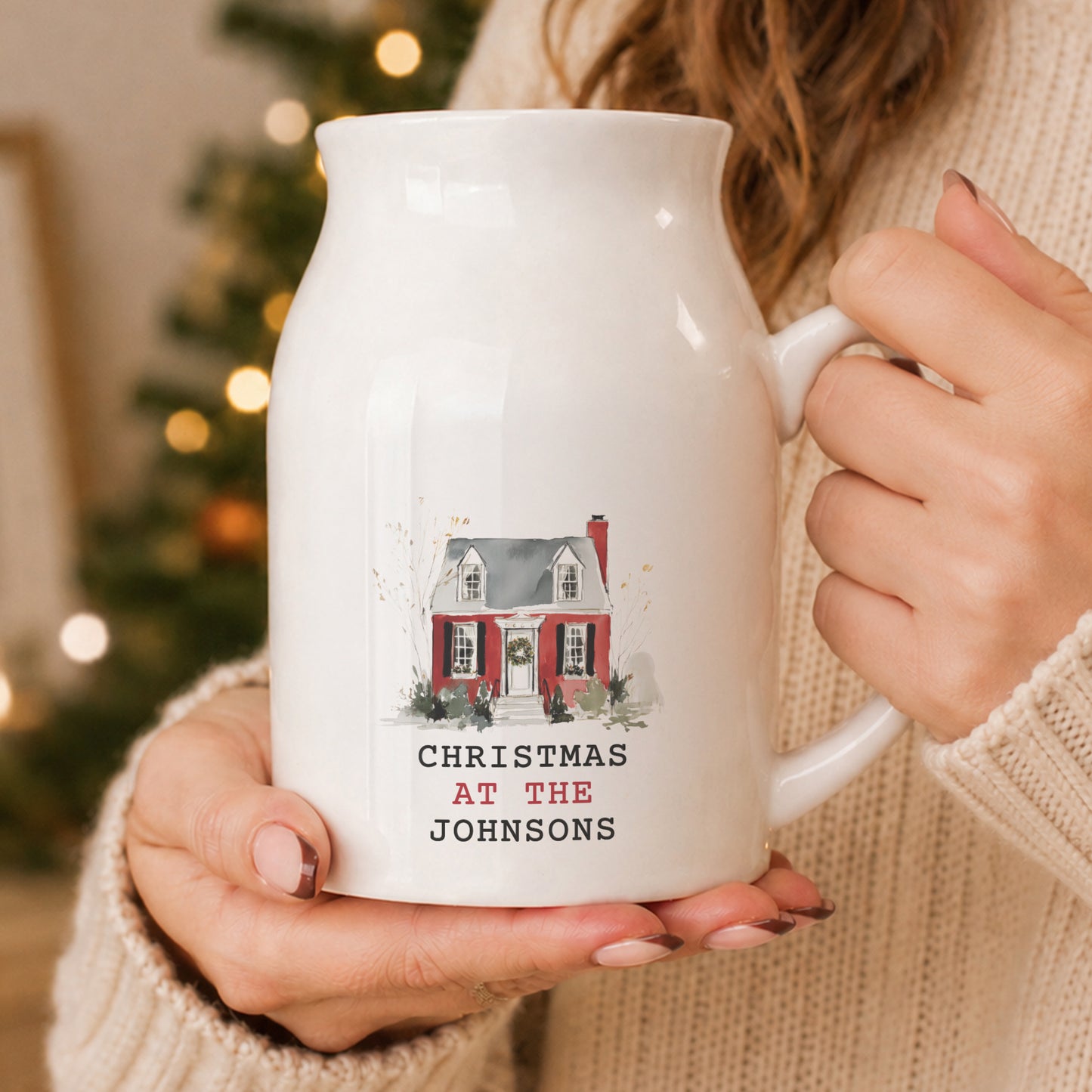 Personalised Water Colour Christmas House Ceramic Jug Vase