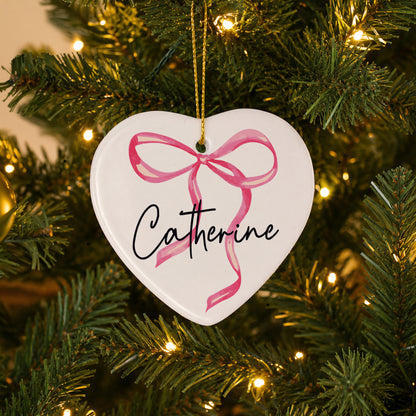 Personalised Pink Bow Ceramic Heart Decoration