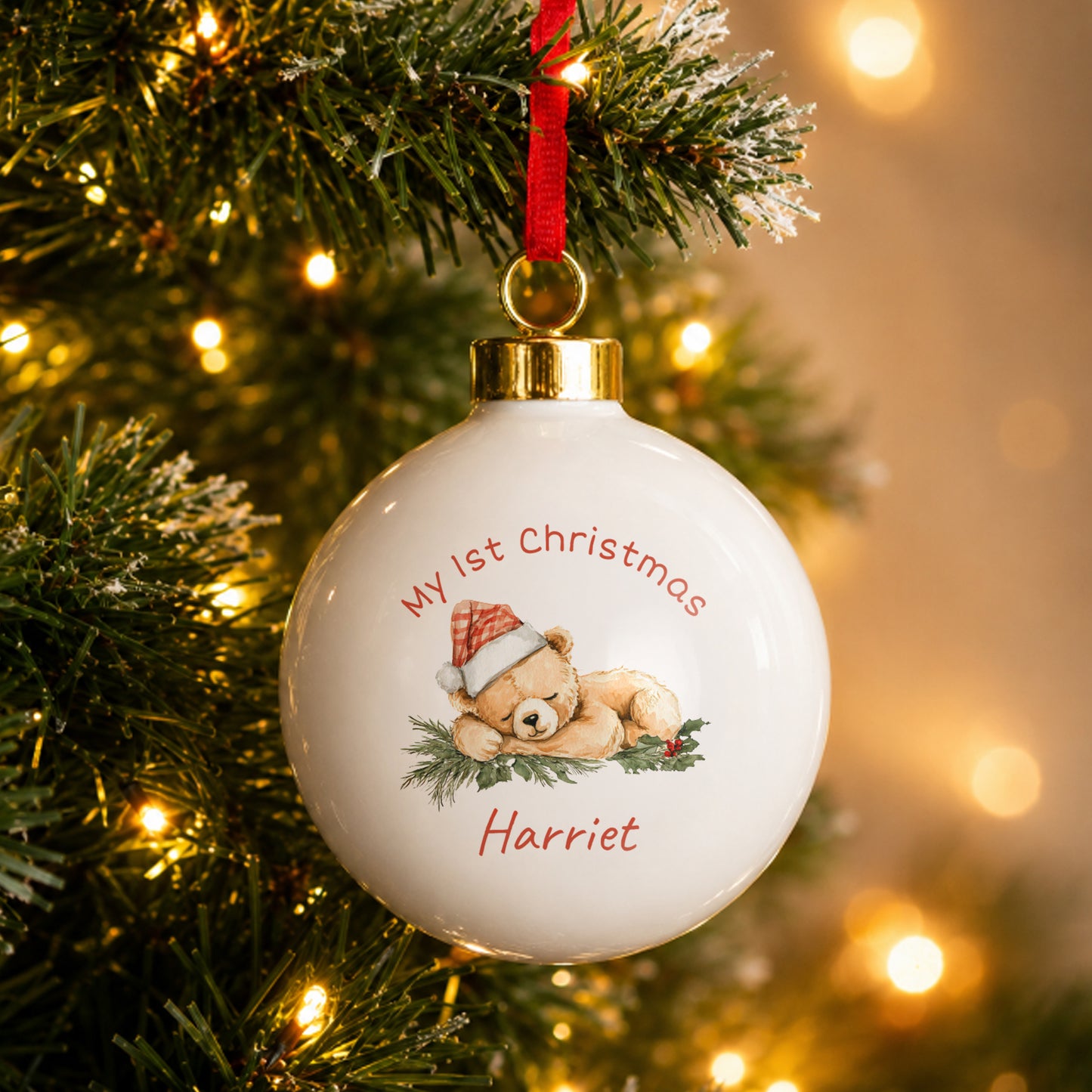 Personalised Sleepy Christmas Bear Ceramic Bauble