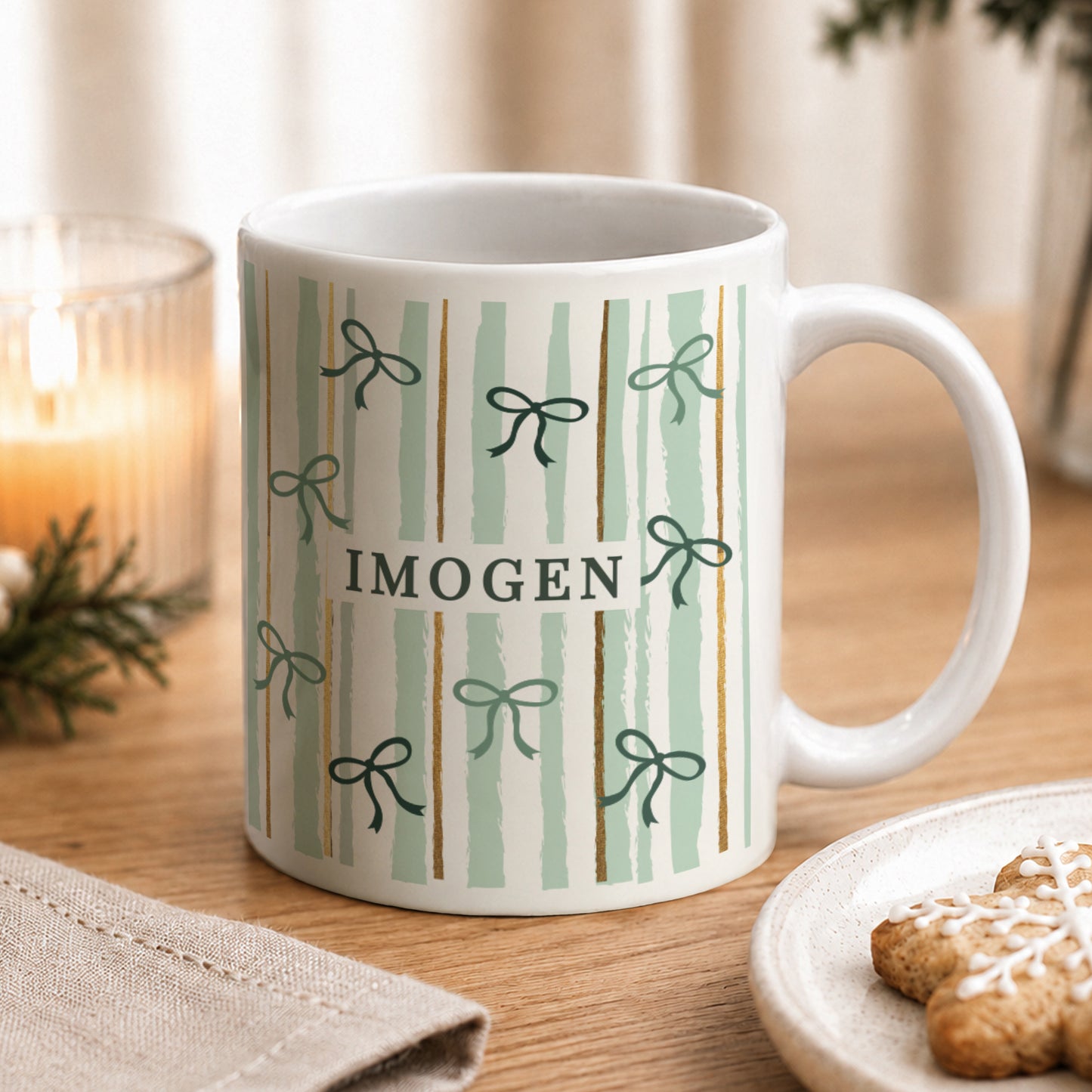 Personalised Green Stripe Bow Mug