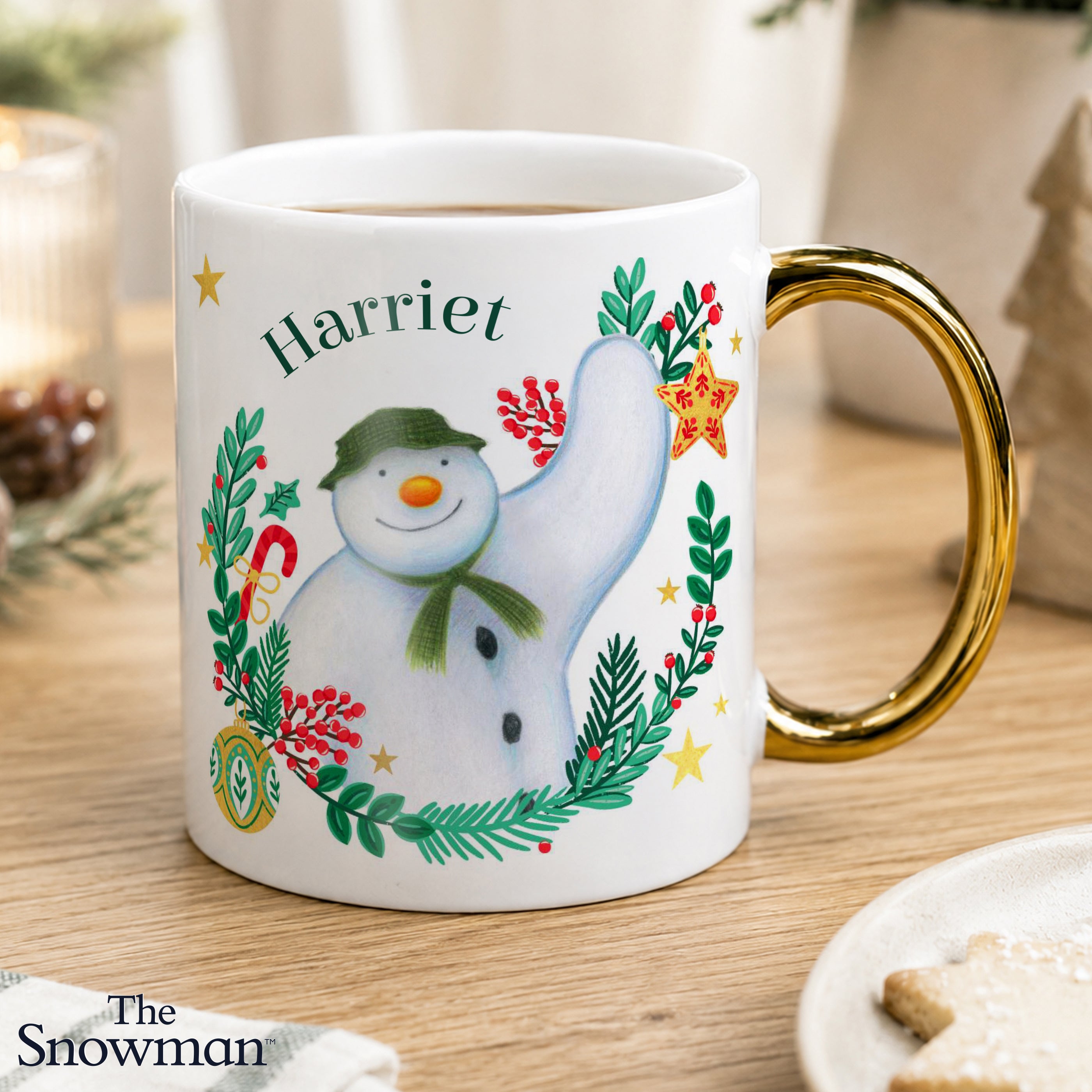 Personalised The Snowman Christmas Wishes Gold Handle Mug