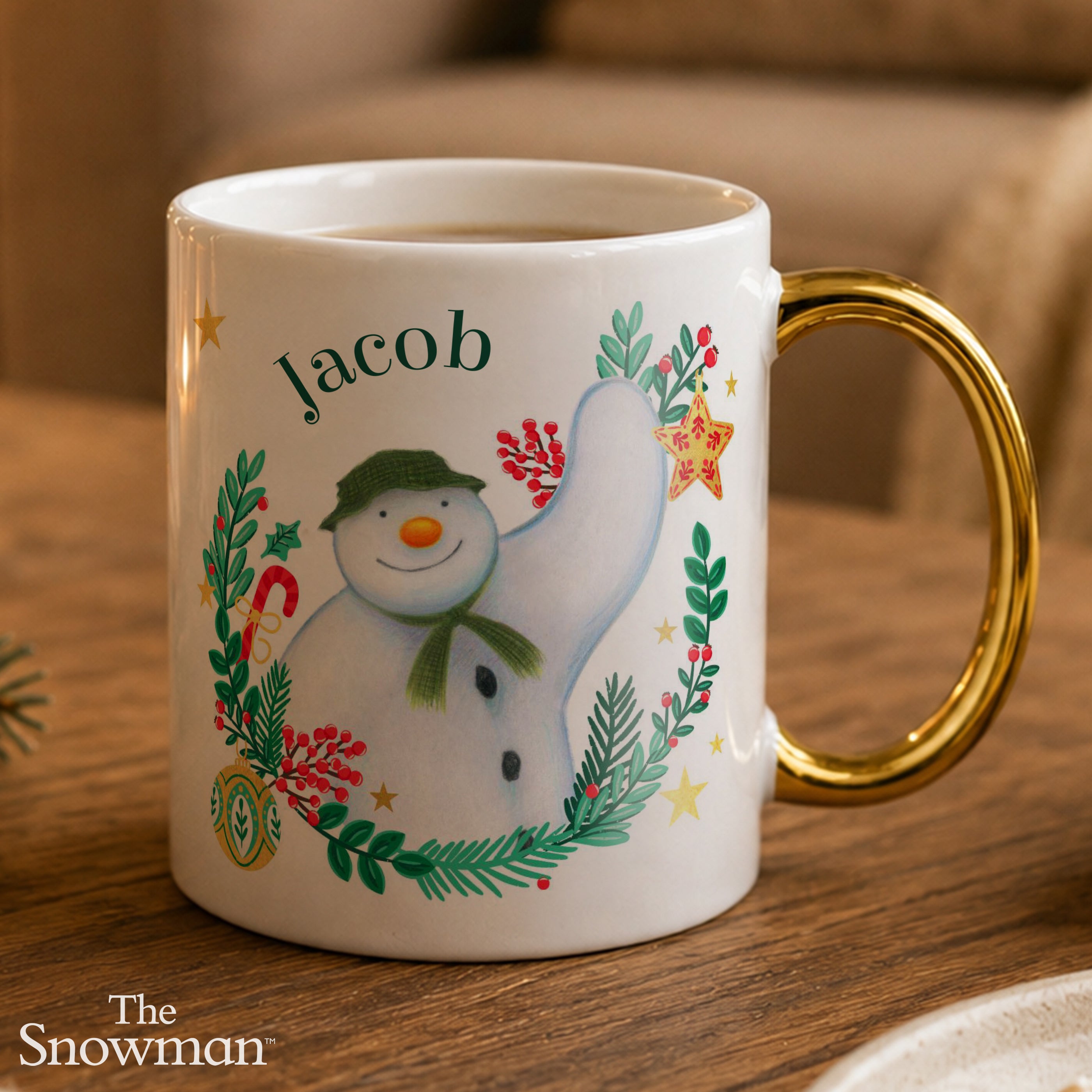 Personalised The Snowman Christmas Wishes Gold Handle Mug