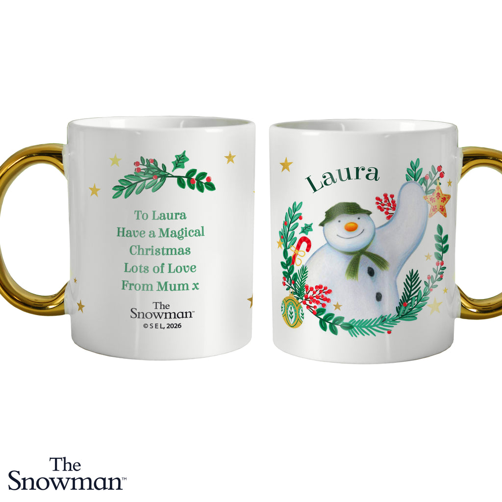Personalised The Snowman Christmas Wishes Gold Handle Mug