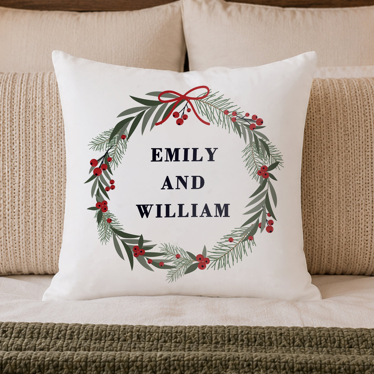 Personalised Green Christmas Wreath Cushion
