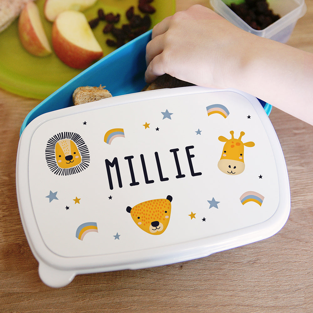 Personalised Safari Animals Name Only Blue Lunch Box