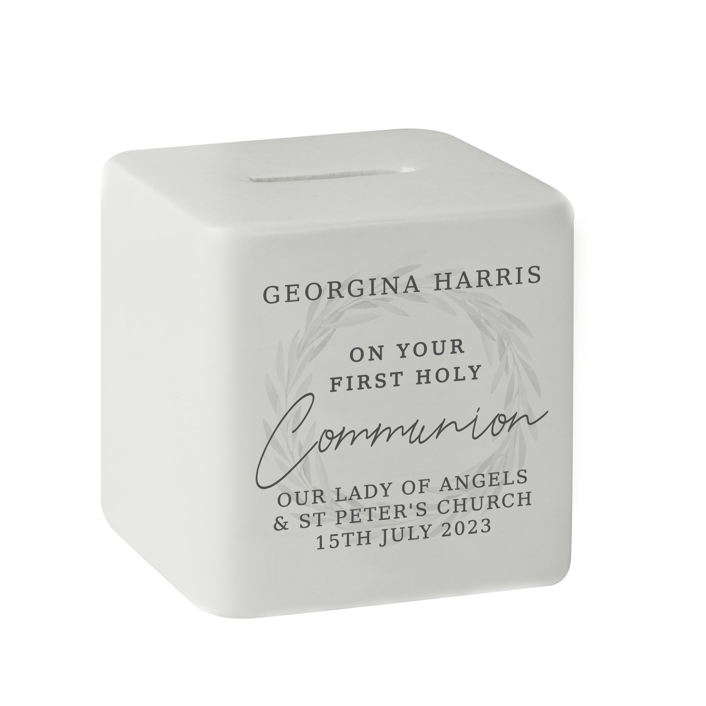Personalised First Holy Communion Wreath Ceramic Square Money Box