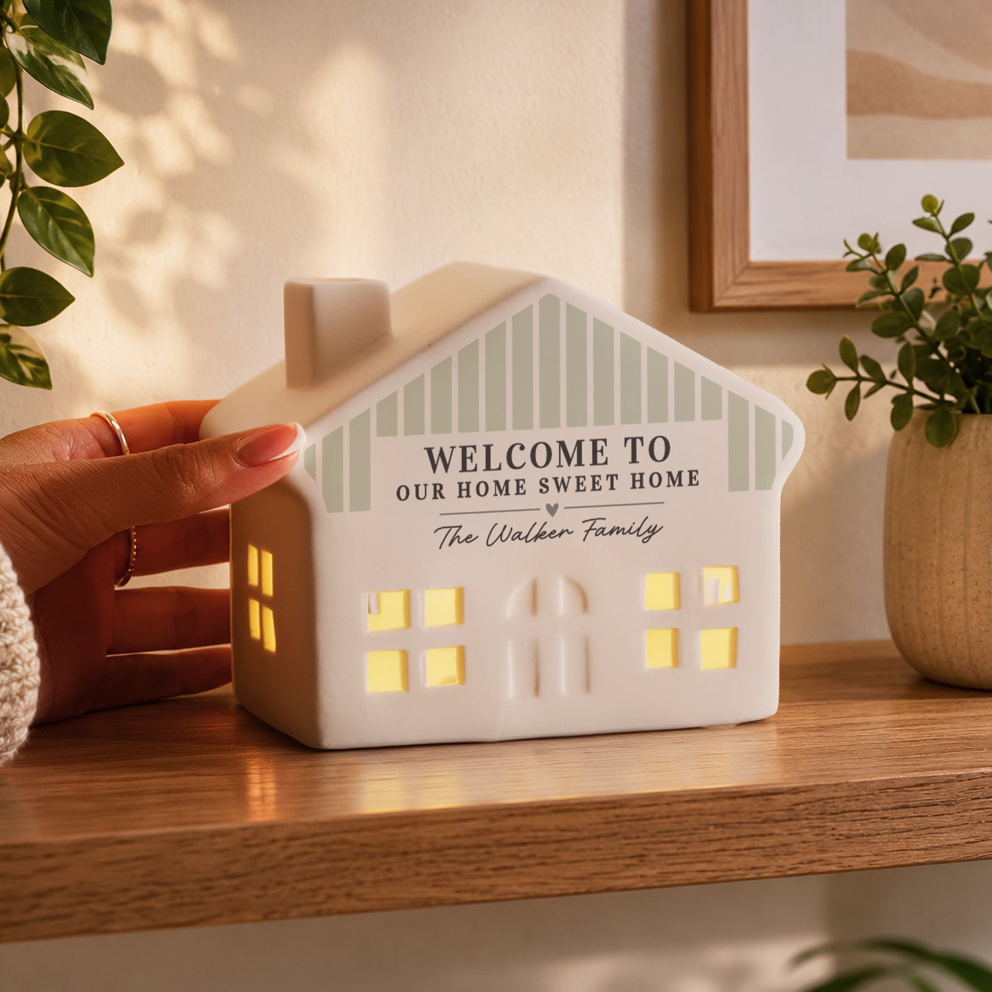 Personalised Green Stripe LED Ceramic House Ornament