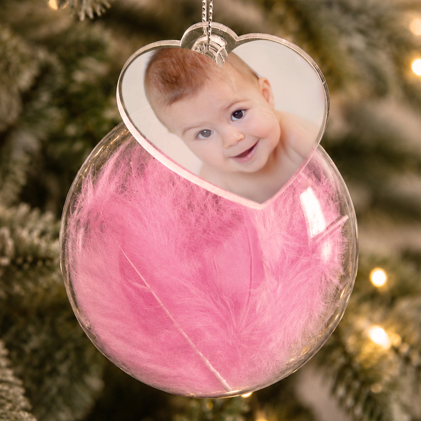 Personalised Photo Upload Pink Feather Glass Bauble
