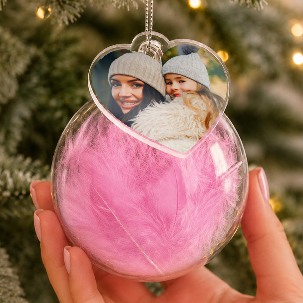 Personalised Photo Upload Pink Feather Glass Bauble
